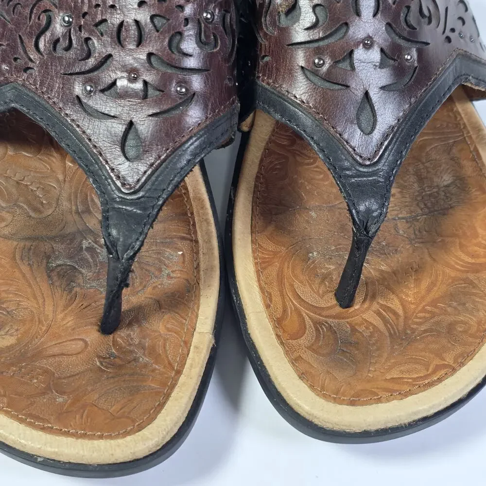 Ariat Womens Sandals Thong Flip Flop Size 9B Brown Leather Embossed Slip On